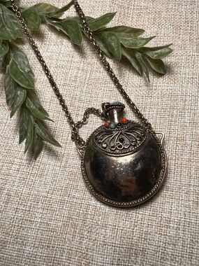 VINTAGE Silver Tibetan Perfume Bottle Necklace with Turquoise Stones